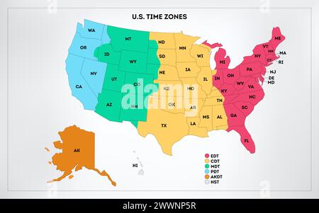 USA time zones infographic map. Colorful United States of America geography time zones. Stock vector illustration Stock Vector