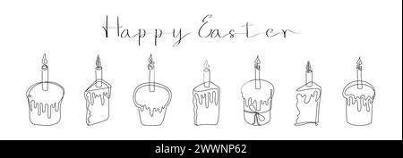 Set of Easter Kulich cakes with lit candles. Happy Easter greeting text. Continuous one line drawing of cupcakes, birthday cakes. Vector isolated on white. Design elements for print and greetings. Stock Vector