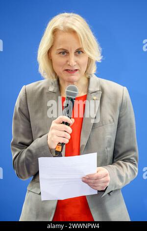 Leipzig, Germany. 21st Mar, 2024. Astrid Böhmisch, Director of the Leipzig Book Fair, stands at Ukraine's stand at the book fair. Credit: Jan Woitas/dpa/Alamy Live News Stock Photo
