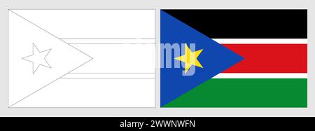 South Sudan flag - coloring page. Set of white wireframe thin black outline flag and original colored flag. Stock Vector