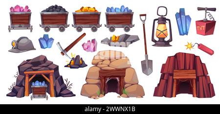 Cartoon mining tools. Miners stuff, minerals and coal in trolleys, shovels, picks and helmets, cave entrances, crystal stones. Underground natural Stock Vector