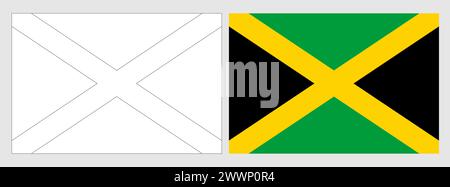 Jamaica flag - thin black vector outline wireframe isolated on white ...
