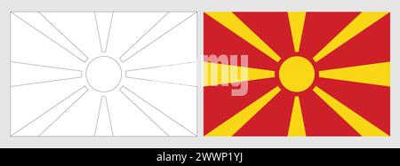 North Macedonia flag - coloring page. Set of white wireframe thin black outline flag and original colored flag. Stock Vector