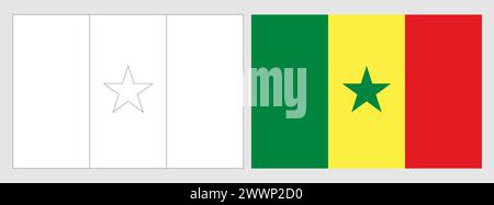 Senegal flag - coloring page. Set of white wireframe thin black outline flag and original colored flag. Stock Vector