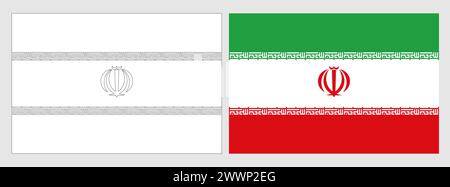 Iran flag - coloring page. Set of white wireframe thin black outline flag and original colored flag. Stock Vector