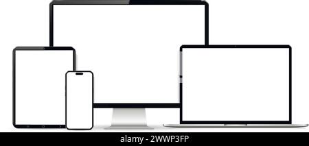 Set of modern technology devices - monitor, laptop, digital tablet and smartphone with blank screen. Isolated on white background. Vector illustration Stock Vector