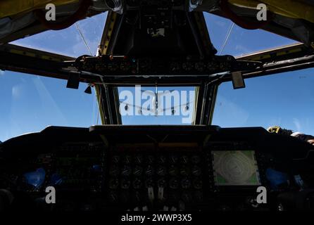 A KC-135 Stratotanker assigned to the 909th Air Refueling Squadron prepares for aerial refueling on a B-52H Stratofortress over the Pacific, Feb. 3, 2024. Aerial refueling extends the aerial capabilities of U.S. aircraft throughout the Indo-Pacific, demonstrating one of the many moving parts critical to deterrence missions. The B-52 and its crew are assigned to the 23rd Expeditionary Bomb Wing and its members are deployed from Minot Air Force Base, North Dakota.  Air Force Stock Photo