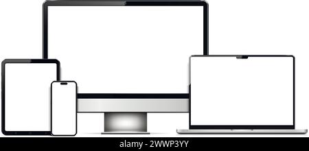 Set of modern technology devices - monitor, laptop, digital tablet and smartphone with blank screen. Isolated on white background. Vector illustration Stock Vector