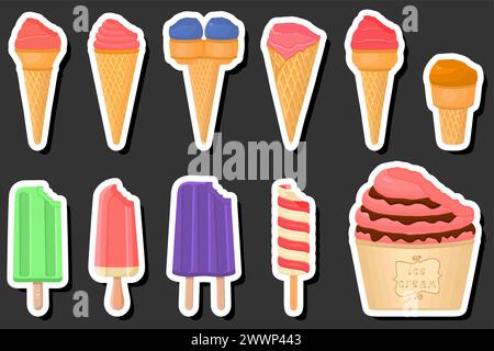 Illustration on theme big kit ice cream popsicle different types in cone waffle cup, ice cream consisting of tasty popsicle on cone waffle cup, popsic Stock Vector