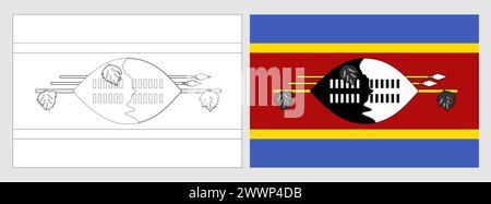 Eswatini flag - coloring page. Set of white wireframe thin black outline flag and original colored flag. Stock Vector