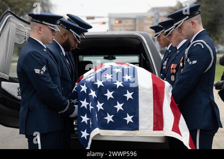 Members of the United States Air Force Honor Guard load the casket of the fifth chief master sergeant of the Air Force, Robert D. Gaylor into a hearse, Feb. 10, 2024 at Joint Base San Antonio-Lackland, Texas. Joint Base San Antonio hosted the memorial service and interment services for Gaylor, across JBSA-Lackland, Texas, and Fort Sam Houston National Cemetery. Gaylor left his home in Indiana to enlist in the Air Force and then called the San Antonio area his post-military home for more than four decades. He is survived by his son, Kenny, and daughters Carol and Elaine.  Air Force Stock Photo