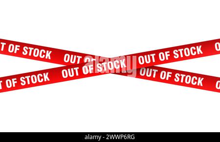 Red tape with out of stock text crossing over a white background. 3d render Stock Photo