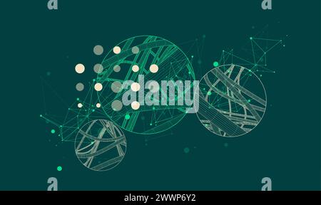 Vector abstract background with a wireframe dynamic pipes, line and particles inside circle. Stock Vector
