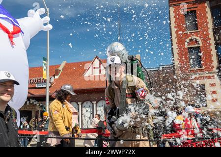 Detroit, Michigan - The Marche du Nain Rouge celebrates the coming of spring and banishes the Nain Rouge (Red Dwarf) from the city. Legend dating from Stock Photo