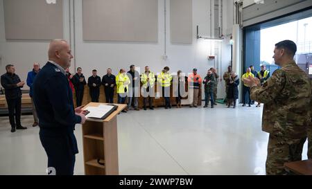 U.S. Air Force Master Sgt. David Cook, 372nd Training Squadron senior enlisted leader, provides opening remarks during the unveiling of a new training facility at RAF Lakenheath, England, Feb. 8, 2024. With these increased training capabilities, the Liberty Wing is better prepared to respond to the dynamic challenges in the Area of Responsibility while also bolstering its ability to provide combat ready forces in support of NATO.  Air Force Stock Photo