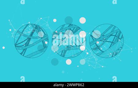Vector abstract background with a wireframe dynamic pipes, line and particles inside circle. Stock Vector