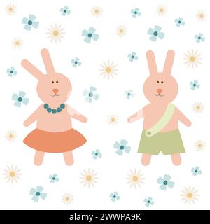 Easter card with hares and flowers on a white background. Flat style Ideal for holiday design. Vector. Stock Vector