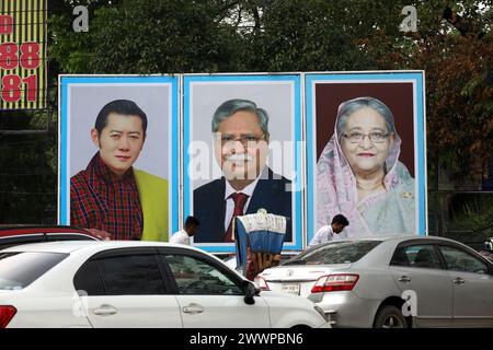 Dhaka, Dhaka, Bangladesh. 25th Mar, 2024. King Jigme Khesar Namgyel Wangchuck of Bhutan arrived in Dhaka on Monday on a four-day visit. Banners were put up on the streets of Dhaka to congratulate the king. (Credit Image: © Syed Mahabubul Kader/ZUMA Press Wire) EDITORIAL USAGE ONLY! Not for Commercial USAGE! Stock Photo