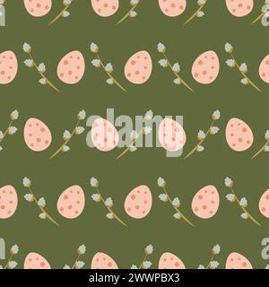 Easter seamless pattern with eggs and willow branches. Suitable for wallpaper, gift paper, web page background, spring greeting cards. Vector. Stock Vector