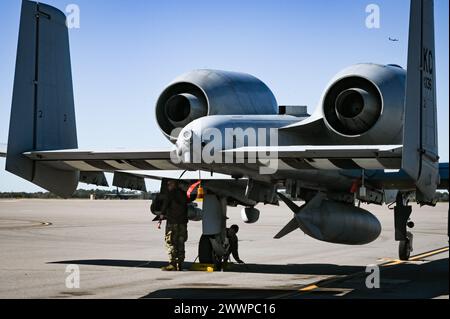 Crew chiefs assigned to the 442nd Aircraft Maintenance Squadron, perform a post flight inspection on an A-10C Thunderbolt II assigned to the 303rd Fighter Squadron, Whiteman Air Force Base, Missouri, Feb. 6, 2024 at MacDill AFB, Florida. The A-10 can employ a variety of conventional munitions including general purpose bombs, cluster bomb units, laser guided bombs and joint direct attack munitions. It utilizes the GAU-8/A 30mm cannon, capable of firing 3,900 rounds per minute to defeat a wide variety of targets including tanks.  Air Force Stock Photo