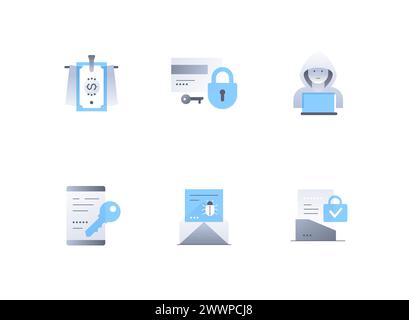 Hacking and data breach - flat design style icons set Stock Vector