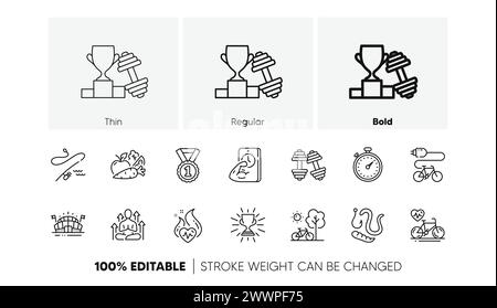 Dumbbells, Vegetables and Trophy line icons. For web app, printing. Line icons. Vector Stock Vector