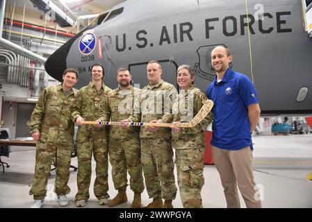 Several members of the National Hockey League's Buffalo Sabres organization stopped by the Niagara Falls Air Reserve Station on Friday, Feb. 9, 2024.  The 914th Aircraft Maintenance Squadron was presented a team signed hockey stick and Sabres Forward Jeff Skinner and Goalie Eric Comrie posed for photos and signed autographs with base personnel and family members.  The 914 AMXS presented Skinner and Comrie with military maintenance uniforms complete with unit patches.   Air Force Stock Photo