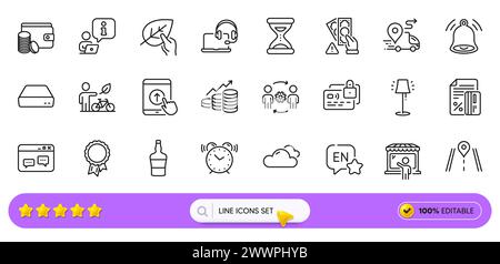 English, Interview and Eco bike line icons for web app. Pictogram icon. Line icons. Vector Stock Vector