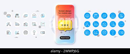 Grill tools, Inflation and Square meter line icons. For web app, printing. Phone mockup with 3d chat icon. Vector Stock Vector
