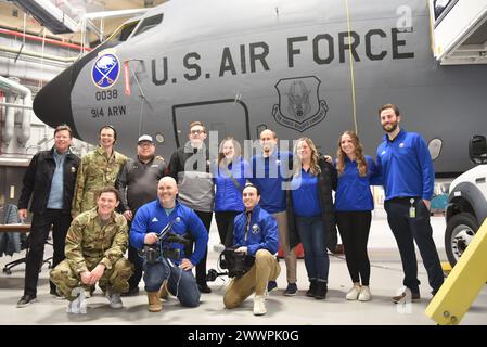 Several members of the National Hockey League's Buffalo Sabres organization stopped by the Niagara Falls Air Reserve Station on Friday, Feb. 9, 2024.  The 914th Aircraft Maintenance Squadron was presented a team signed hockey stick and Sabres Forward Jeff Skinner and Goalie Eric Comrie posed for photos and signed autographs with base personnel and family members.  The 914 AMXS presented Skinner and Comrie with military maintenance uniforms complete with unit patches.   Air Force Stock Photo