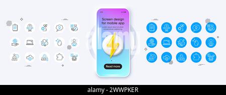 Laptop, Clipboard and Water drop line icons. For web app, printing. Phone mockup with 3d energy icon. Vector Stock Vector