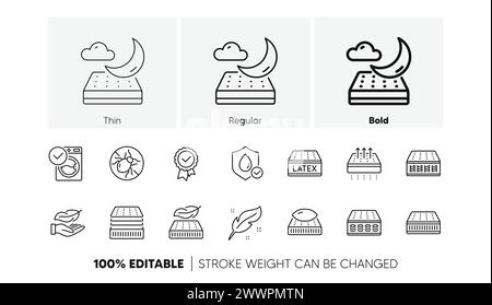 Mattress line icons set. Breathable, Memory foam, latex. Washable pillow, bed tick. Line icons. Vector Stock Vector