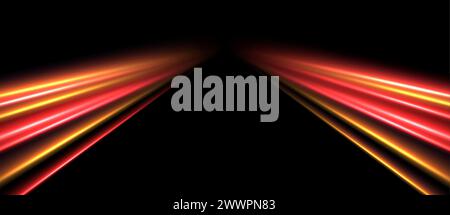 Neon car lights in motion, dynamic slow shutter speed effect. Abstract luminescent lines. Stock Vector