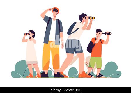 Happy traveling tourist family looking through binoculars. Vector illustration Stock Vector