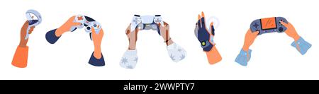 Retro video game controllers in hands. People holding joysticks. E-sports attributes. Electronic playing process. Gaming device. Gamers arms with cont Stock Vector
