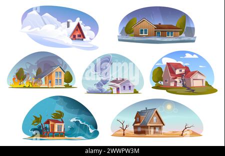 Natural disaster scenes. Different elemental calamity. Force majeure circumstances. Living houses destruction. Avalanche or flood accidents. Dangerous Stock Vector