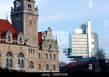 Old and new architecture, New Town Hall, NORD/LB head office, Hanover, Lower Saxony, Germnay, Europe, Stock Photo