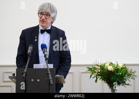 25 March 2024, Lower Saxony, Göttingen: Metin Tolan, President of the University of Göttingen, speaks at a ceremony at the University of Göttingen. The University and the State Ethnographic Collections of Saxony return human remains to the Republic of Palau. Photo: Swen Pförtner/dpa Stock Photo