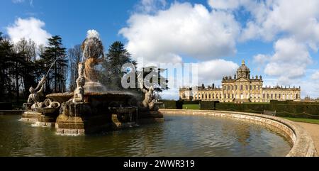 CASTLE HOWARD, YORK, UK - MARCH 23, 2024.  A landscape panorama of The Atlas Fountain in the formal gardens of Castle Howard Stately House in the Howa Stock Photo