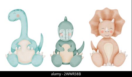 Dinosaurs Set Watercolor clipart. Cute dino illustration. Hand drawn on isolated background. Cartoon animal character painting. For baby shower invitation. Tyrannosaurus, diplodocus and triceratops. Stock Photo