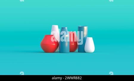 3D render - a group of ceramic vases of different shapes and colors on a blue background. Stock Photo