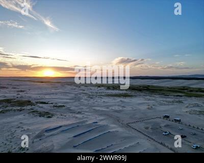 An aerial view of a sunset at Stockton Beach, Anna Bay, Port Stephens, NSW, Australia. Stock Photo