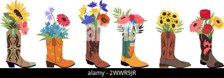 Flowers in cowboy boots. Cowgirl shoes with floral bouquets. Wild west accessories design, fashion decorative elements Stock Vector