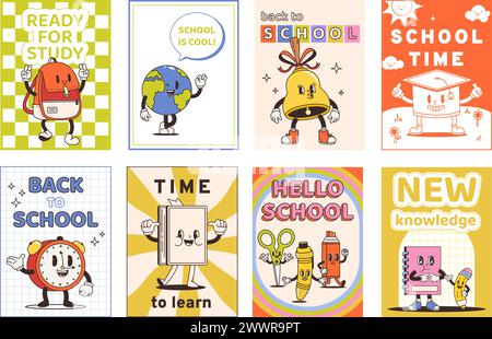 Back to school cards. Retro style posters with funky stationery characters. Groovy book and alarm, bell and globe. Motivational snugly vector banners Stock Vector