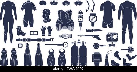 Flat diving black icons. Scuba divers suits, tools and equipment. Snorkeling accessories for underwater activity. Water masks, decent vector Stock Vector