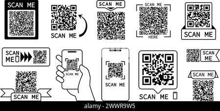 Qr code scan. Barcodes, codes for online payments or info find and scanning phones. Web app ui ux elements. Isolated personal info, decent vector Stock Vector