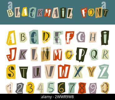 Blackmail alphabet. Ransom letter style abc, anonymous criminal letters and numbers. Typography elements cut from newspaper, neoteric vector clipart Stock Vector