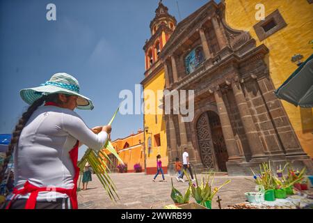 QUERETARO MEXICO 25 MAR: Artisans perform the elaboration of the Handcrafted Woven Palm, as part of the Catholic Palm Sunday tradition at the church of Our Lady of Guadalupe or Parish Temple of San Juan del Rio , Querétaro Mexico. Craftsmen set up outside churches to sell their products of palm leaf and wheat ear, this one with the figure of Jesus crucified.  25 MAR 2024 ( Photo by :© Fernando Camacho/NortePhoto.com)  Artesanos  realizan la elaboracion de la Palma tejida artesanalmente,  como parte de la tradición católica del Domingo de Ramos en la iglesia de nuestra señora de Guadalupe o tem Stock Photo