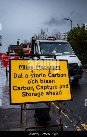 Carbon Capture and Storage Road Sign at roadworks in Wales. Bilingual Welsh and English Language. Global warming. Environmental. Ecology. Green agenda Stock Photo