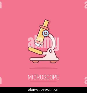 Microscope icon in comic style. Laboratory magnifier cartoon vector illustration on isolated background. Biology instrument splash effect sign busines Stock Vector